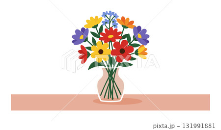 Colorful bouquet of flowers with yellow red orange purple petals in vase on table vector illustration Colorful bouquet of flowers with yellow red orange purple petals in vase on table vector illustration 131991881
