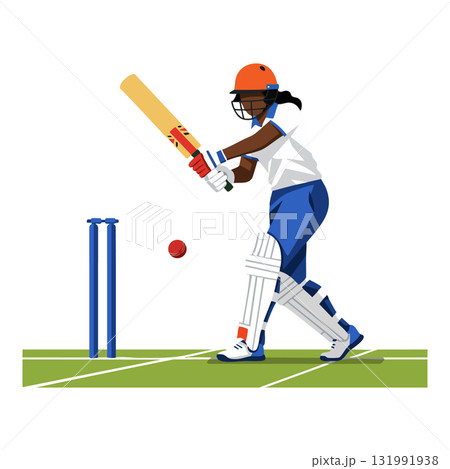 Female cricket player batting with helmet and pads on green pitch vector illustration 131991938