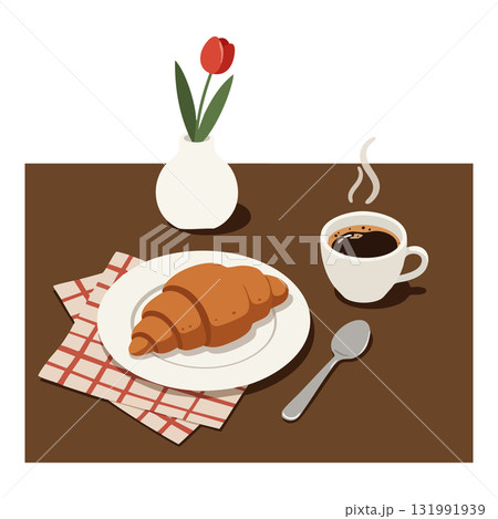 Croissant coffee cup and tulip vase on brown table breakfast vector illustration Croissant coffee cup and tulip vase on brown table breakfast vector illustration 131991939