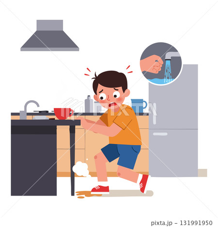 Child slipping on spilled liquid in kitchen causing injury and shock reaction vector illustration 131991950