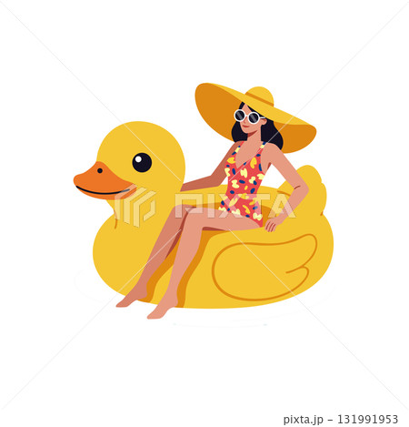 Woman Relaxing on Large Yellow Rubber Duck Pool Float in Summer Vector Illustration 131991953
