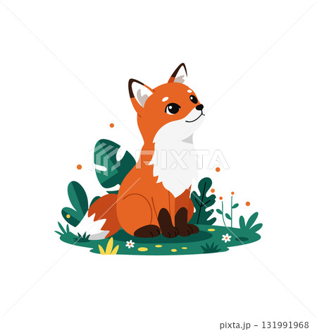 Fox Sitting on Grass with Green Leaves and Flowers Cute Vector Illustration 131991968