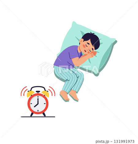 Sleeping boy in purple shirt with striped pants next to ringing alarm clock vector illustration 131991973