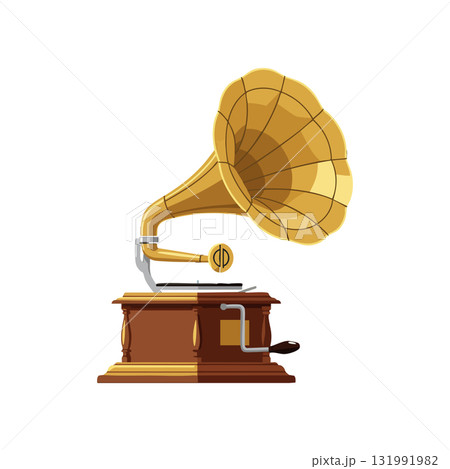 Vintage gramophone music player with wooden base and brass horn vector illustration Vintage gramophone music player with wooden base and brass horn vector illustration 131991982