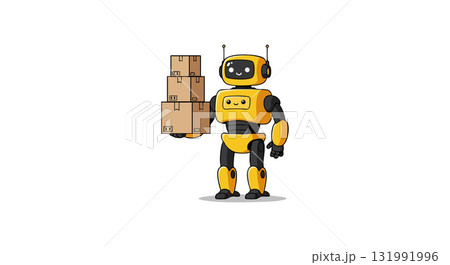 Yellow Robot Holding Cardboard Boxes Delivery Service Technology Illustration 131991996
