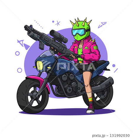 Futuristic cyberpunk girl on motorcycle holding sniper rifle with neon colors vector illustration 131992030