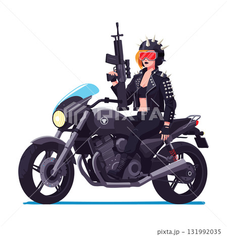 Female biker with punk outfit riding black motorcycle holding assault rifle vector illustration Female biker with punk outfit riding black motorcycle holding assault rifle vector illustration 131992035