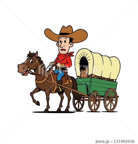 Cowboy riding horse pulling covered wagon in western style vector illustration Cowboy riding horse pulling covered wagon in western style vector illustration 131992036