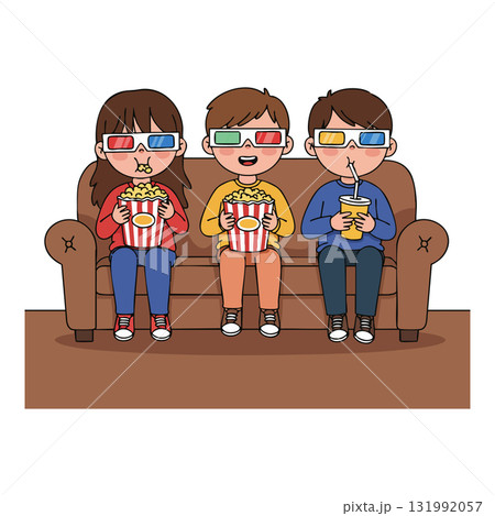Three children watching 3D movie eating popcorn and drinking soda on couch vector illustration Three children watching 3D movie eating popcorn and drinking soda on couch vector illustration 131992057