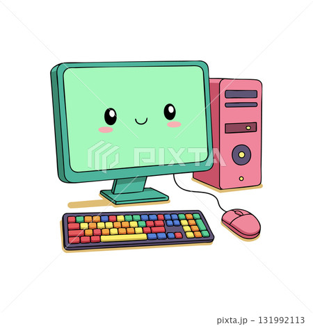 Cute desktop computer with smiling monitor and colorful keyboard vector illustration 131992113