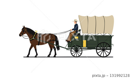 Horse-drawn covered wagon with driver in wide-brimmed hat vector illustration Horse-drawn covered wagon with driver in wide-brimmed hat vector illustration 131992128