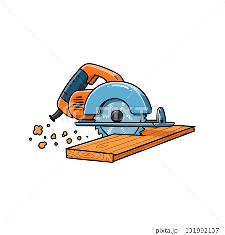 Circular saw cutting wooden plank with orange and blue colors vector illustration Circular saw cutting wooden plank with orange and blue colors vector illustration 131992137