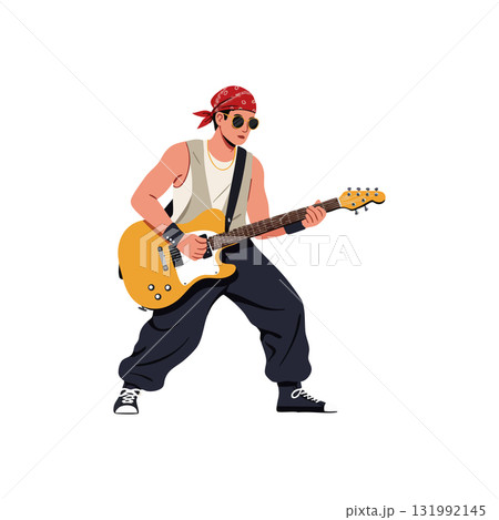 Male guitarist playing electric guitar wearing bandana and sunglasses vector illustration Male guitarist playing electric guitar wearing bandana and sunglasses vector illustration 131992145