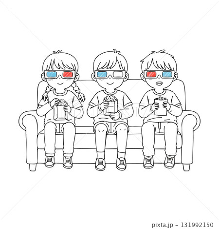 Children watching 3D movie with glasses sitting on sofa holding popcorn vector illustration 131992150