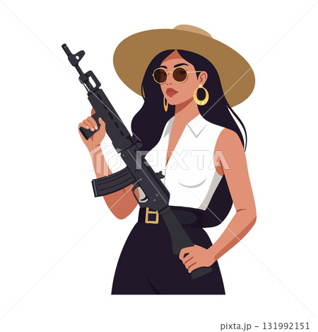 Woman with black rifle wearing white shirt and wide hat holding weapon confidently Woman with black rifle wearing white shirt and wide hat holding weapon confidently 131992151