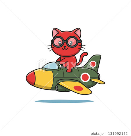 Red cat wearing glasses riding green toy airplane vector illustration cute animal design 131992152