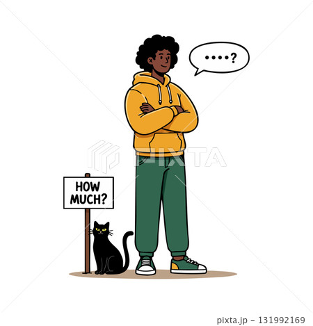 Person with crossed arms and question speech bubble near black cat and how much sign vector illustration Person with crossed arms and question speech bubble near black cat and how much sign vector illustration 131992169