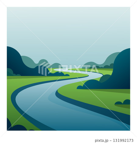 Curved river flowing through green hills and bushes natural landscape vector illustration 131992173