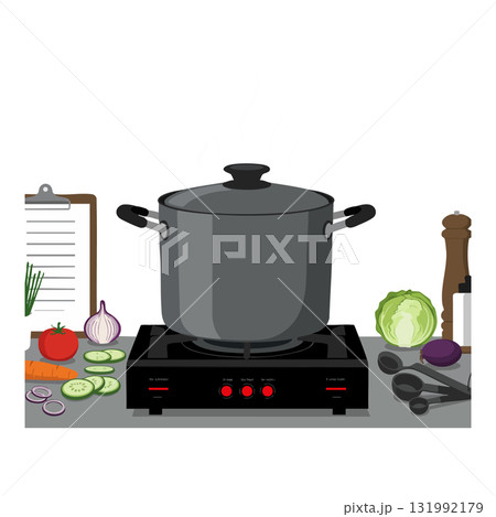 Cooking pot on electric stove with fresh vegetables and kitchen clipboard illustration Cooking pot on electric stove with fresh vegetables and kitchen clipboard illustration 131992179