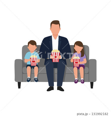 Father and children sitting on sofa eating popcorn watching movie together family time vector illustration Father and children sitting on sofa eating popcorn watching movie together family time vector illustration 131992182