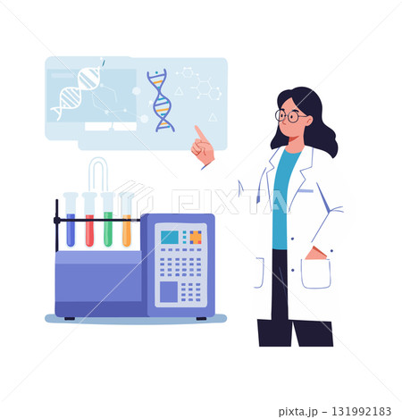 Female scientist analyzing DNA data in laboratory with colorful test tubes vector illustration 131992183