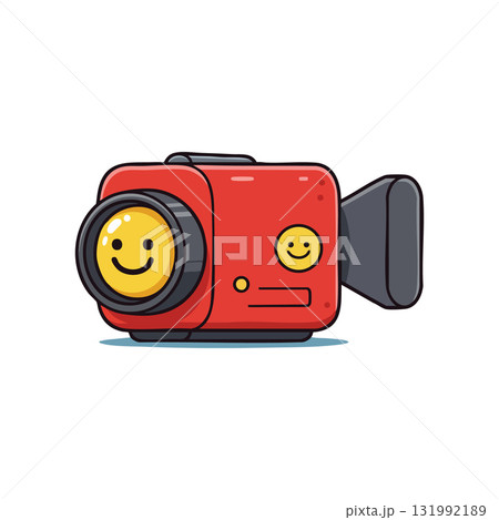 Red vintage video camera with smiling face lens and cheerful expression vector illustration Red vintage video camera with smiling face lens and cheerful expression vector illustration 131992189