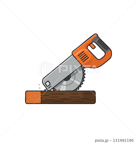 Circular Saw Cutting Wood Log with Orange Handle Power Tool Illustration 131992190
