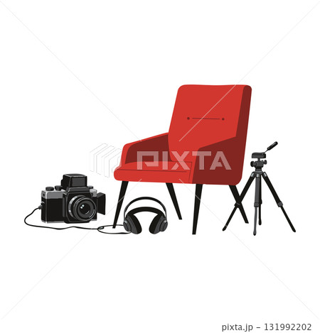 Red armchair with vintage camera tripod and headphones vector illustration Red armchair with vintage camera tripod and headphones vector illustration 131992202
