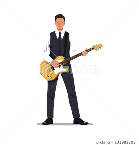 Man playing yellow electric guitar in formal suit performing music vector illustration 131992205