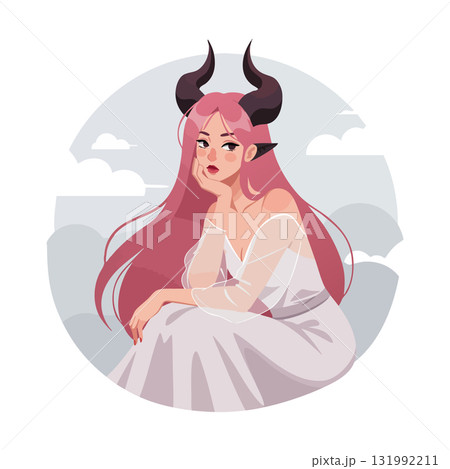 Female demon character with long pink hair and black horns in white dress vector illustration Female demon character with long pink hair and black horns in white dress vector illustration 131992211