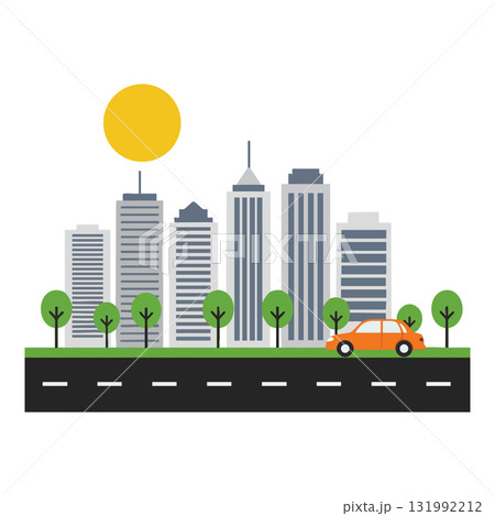 Cityscape with modern buildings green trees orange car and bright sun vector illustration Cityscape with modern buildings green trees orange car and bright sun vector illustration 131992212