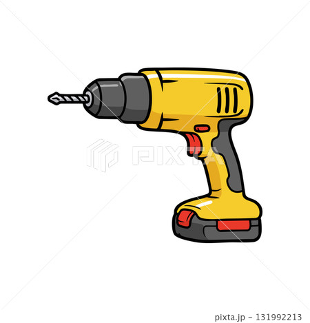 Cordless power drill with yellow and black plastic body and red trigger vector illustration 131992213
