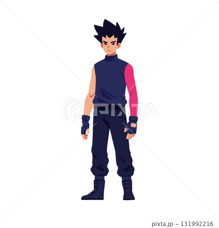 Male character in dark blue and pink outfit with spiky hair vector illustration Male character in dark blue and pink outfit with spiky hair vector illustration 131992216