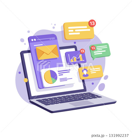Laptop with digital notifications and email alerts for business communication workflow Laptop with digital notifications and email alerts for business communication workflow 131992237