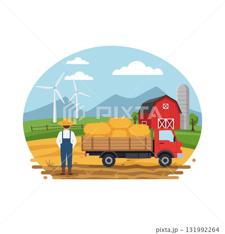 Farmer standing near red barn truck loaded with hay bales on field vector illustration 131992264