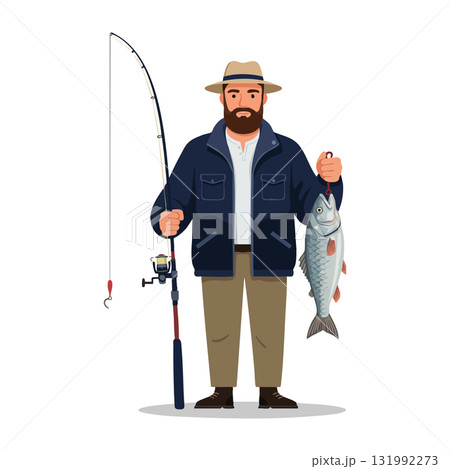 Fisherman holding big fish and fishing rod in outdoor clothing vector illustration Fisherman holding big fish and fishing rod in outdoor clothing vector illustration 131992273