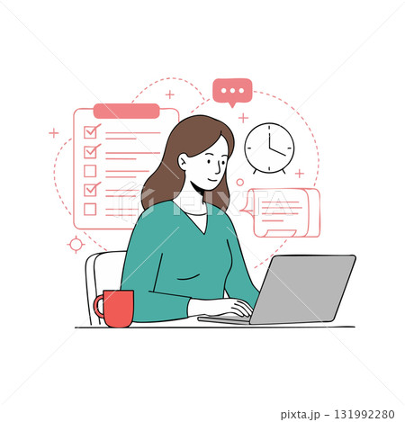 Woman Working on Laptop with Checklist Clock and Chat Icons Vector Illustration 131992280