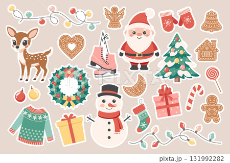 Christmas holiday elements collection. Cute winter holiday stickers. Santa snowman candies christmas tree garland reindeer gingerbreads skates.  131992282