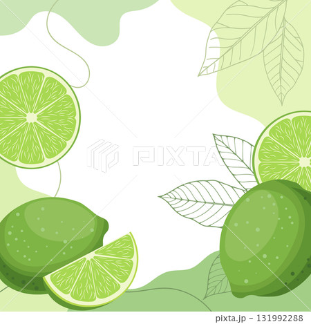 Citrus background with limes and leaves. Fresh lime fruits with leaves composition, cut and whole fruits. Abstract tropical fruit background. Citrus background with limes and leaves. Fresh lime fruits with leaves composition, cut and whole fruits. Abstract tropical fruit background. 131992288
