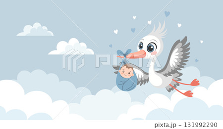 Baby shower invitation banner with stork carrying cute baby in bag for greeting card, baby album, boy birthday party. Baby shower invitation banner with stork carrying cute baby in bag for greeting card, baby album, boy birthday party. 131992290