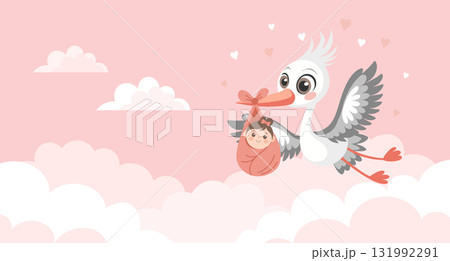 Baby shower invitation banner with stork carrying cute baby in bag for greeting card, baby album, girl birthday party. Baby shower invitation banner with stork carrying cute baby in bag for greeting card, baby album, girl birthday party. 131992291