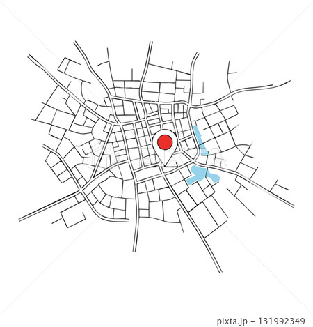 City map with red location pin and blue water bodies vector illustration City map with red location pin and blue water bodies vector illustration 131992349