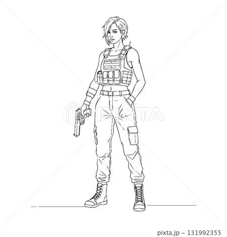 Female soldier standing with tactical vest and handgun in casual pose vector illustration 131992355