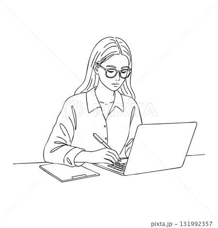 Woman Wearing Glasses Working on Laptop and Writing Notes Vector Illustration 131992357
