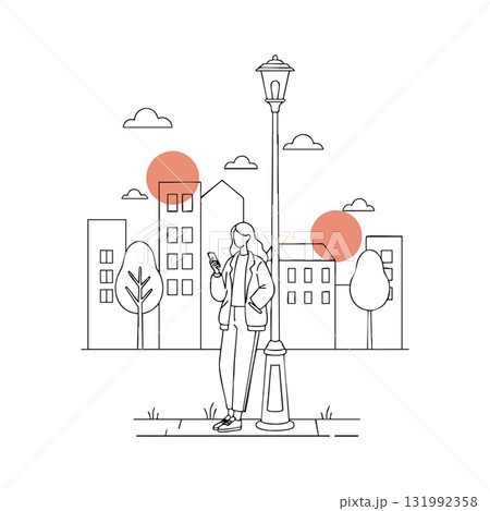 Woman standing near street lamp in urban cityscape using phone with red sun background vector illustration 131992358