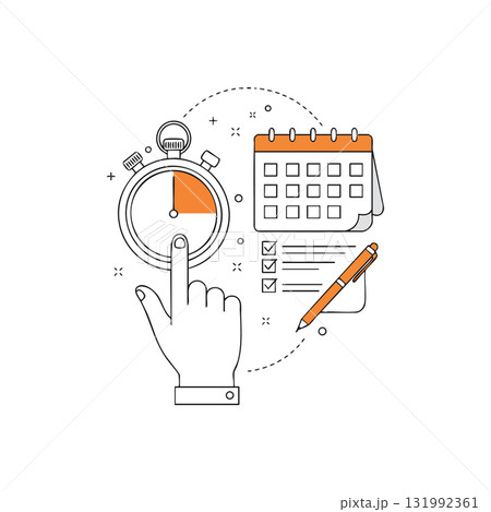 Time management concept with stopwatch calendar checklist and pen vector illustration 131992361