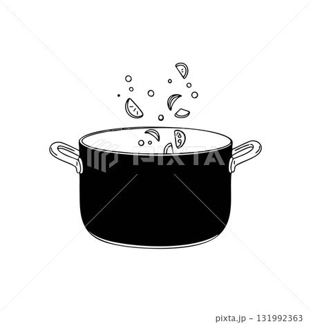 Cooking pot with vegetables falling into it black silhouette vector illustration 131992363