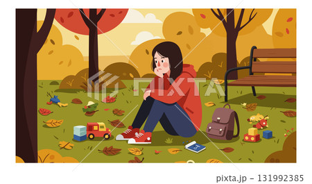 Child sitting on grass in autumn park surrounded by toys and fallen leaves in landscape 131992385