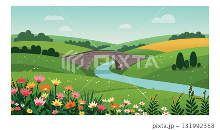 Stone Bridge Over Stream in Colorful Flower Meadow and Rolling Hills Landscape Vector Illustration 131992388