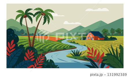 Tropical river farm landscape with palm trees and distant mountains vector illustration 131992389